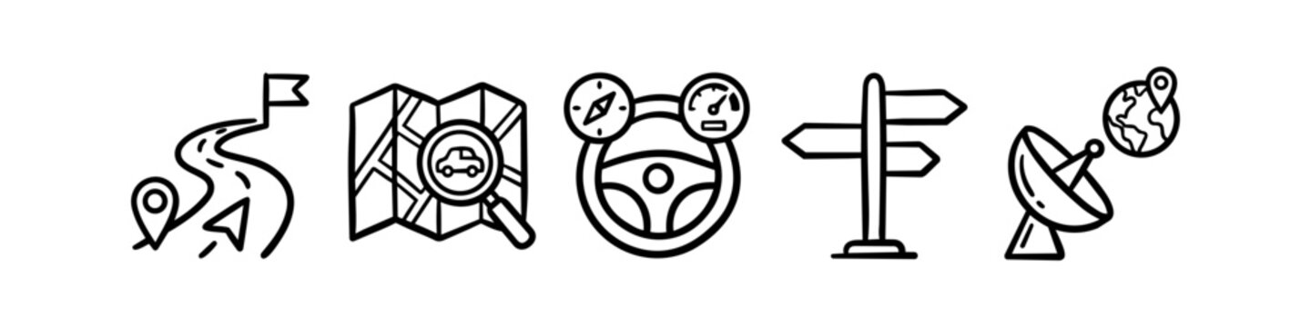 Set of hand-drawn black line icons for navigation and travel, featuring a road map, steering wheel, signpost, and satellite dish. Perfect for road trip and GPS concepts.