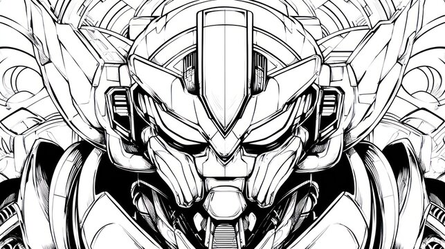 Intricate robot head illustration with detailed lines and mechanical components