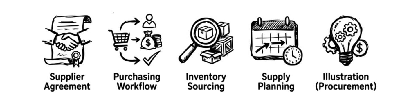 Hand-drawn business icons illustrating procurement processes: supplier agreement, purchasing workflow, inventory sourcing, supply planning, and strategic management doodles on white background.
