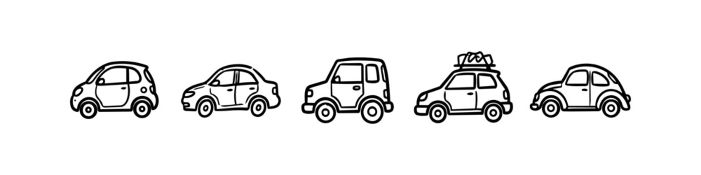 Set of five hand-drawn doodle cars in a horizontal row. Minimalist black outline icons of various small vehicles like hatchbacks, sedans, and a classic beetle on a white background.