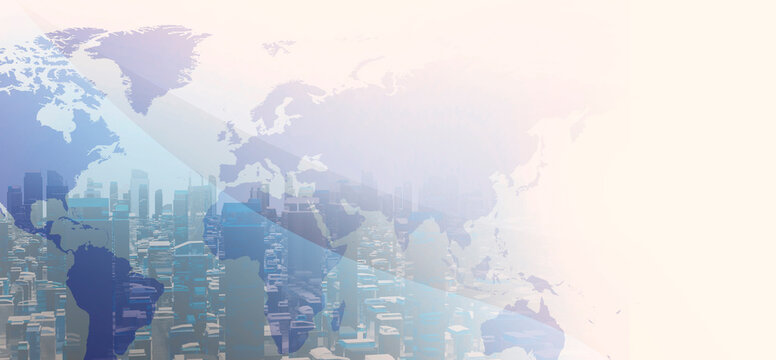 Abstract global business world map on futuristic blue city skyline vector background