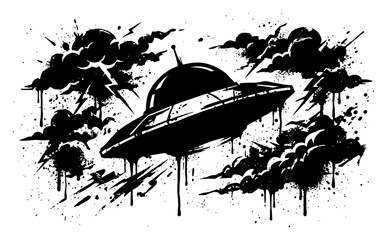 UFO flying saucer with lightning and storm clouds in stencil graffiti style with ink drips © Wuszu