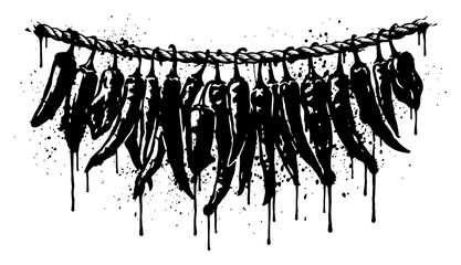 Chili peppers hanging on rope for drying in stencil graffiti style with ink drips © Wuszu