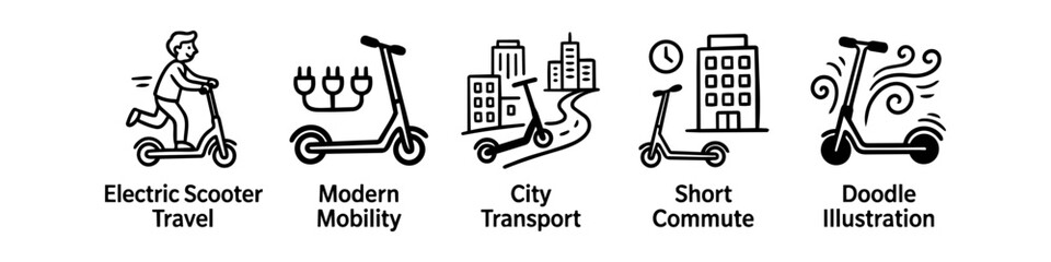Set of five hand-drawn doodle icons representing electric scooter travel, modern urban mobility, city transport, and short commute. Minimalist line art for eco-friendly urban transit concepts. © Trends