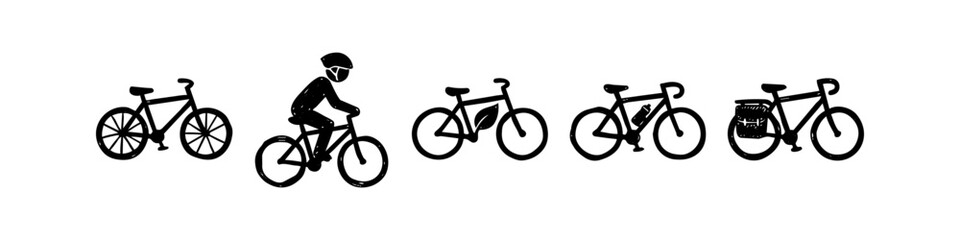 Fototapeta premium Hand-drawn bicycle icon set featuring a cyclist, eco-bike, and touring bike. Minimalist black ink doodle style for cycling, commuting, and sustainable transport concepts on a white background.