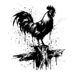 Rooster standing on wooden fence post in ink splatter stencil style © Wuszu