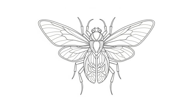 Detailed line drawing of a scarab beetle with open wings.