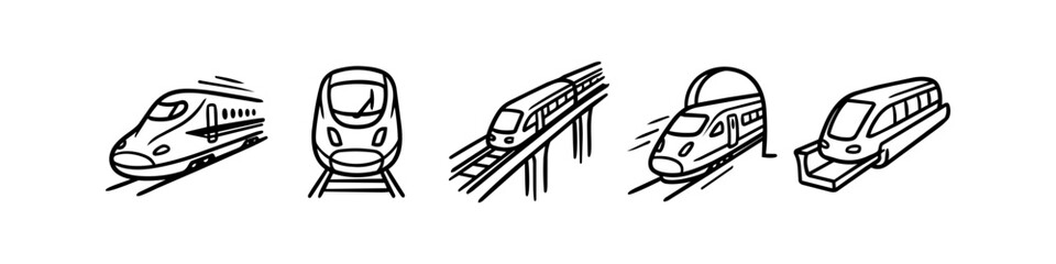 Set of hand-drawn vector icons featuring high-speed bullet trains from various perspectives, including front view, on tracks, and emerging from a tunnel. Ideal for travel and transport themes. © Trends