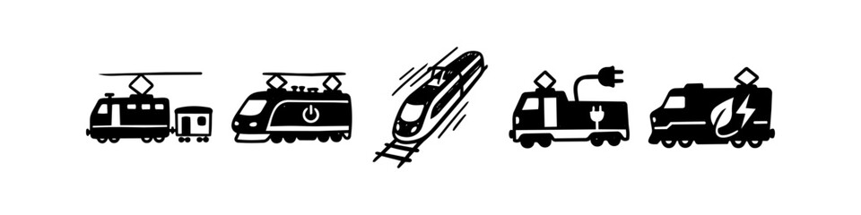 Set of hand-drawn icons representing electric and eco-friendly trains. Includes high-speed rail and green energy locomotives in a simple black doodle style on a white background. © Trends