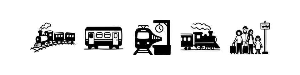 Set of train travel icons featuring steam engines, a passenger car, a modern train at a station, and a family waiting with luggage. Black and white minimalist hand-drawn style. © Trends