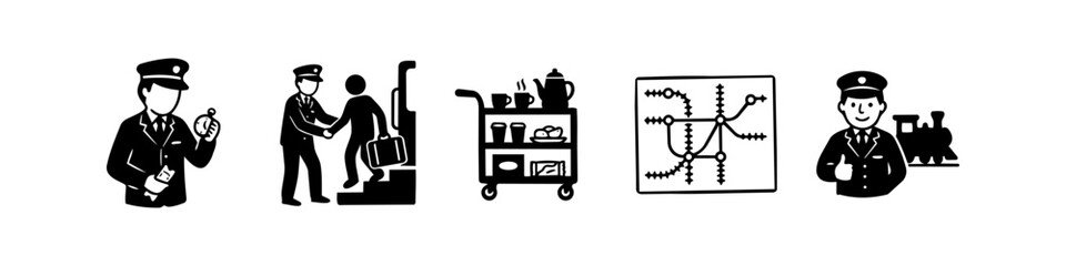 Set of black and white icons representing train travel services, including a conductor with a pocket watch, boarding assistance, food cart, route map, and locomotive staff giving a thumbs up. © Trends