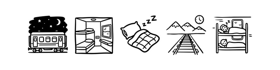 Hand-drawn doodle icons of overnight train travel including sleeper car, bunk beds, pillow, blanket, railroad tracks, and sleeping passengers. Ideal for travel and transportation concepts. © Trends