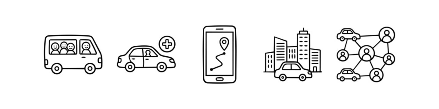 Hand-drawn line icons for carpooling, ride-sharing, and urban mobility. Includes shuttle van, car, navigation app, city transport, and social network symbols in a minimalist doodle style.