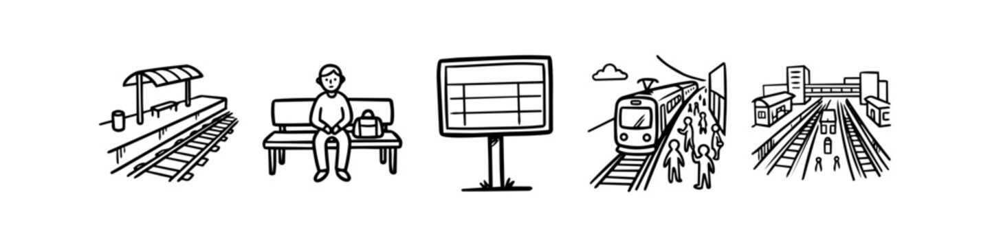 Hand-drawn doodle set of train station icons, featuring a passenger on a bench, railway platform, timetable, and arriving commuter train. Minimalist black and white sketch for travel concepts.