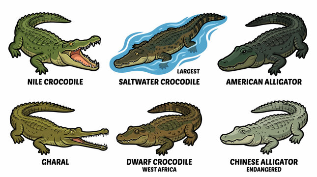 Various crocodile species are displayed in a wildlife illustration including Nile, Saltwater, American, Chabal, Dwarf, and Chinese alligators.