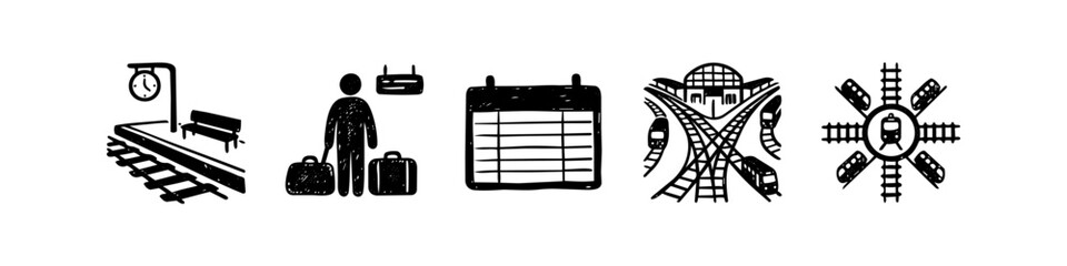 Hand-drawn doodle icon set representing train travel and railway station elements, including platforms, passengers, timetables, and rail networks on a white background. © Trends