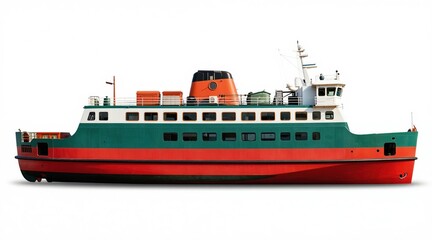 Fototapeta premium Passenger ferryboat side view. Multi-deck vessel with red green white cabins and decks. Ship floats on water surface clean isolated background for graphic design.