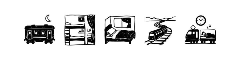Hand-drawn set of night train sketches featuring sleeper cabins, bunk beds, locomotives on winding tracks, and cozy passenger compartments. Black and white ink illustrations for travel themes. © Trends