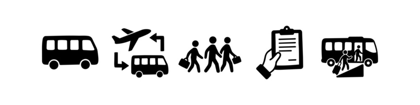 Vector icons representing airport shuttle services, bus transfers, group travel, and passenger boarding procedures. Ideal for transport and logistics design.