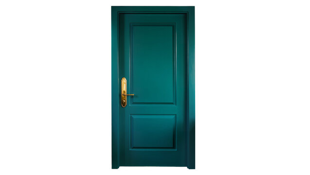 Isolated elegant dark teal wooden door with a classic gold handle, beautiful interior design.