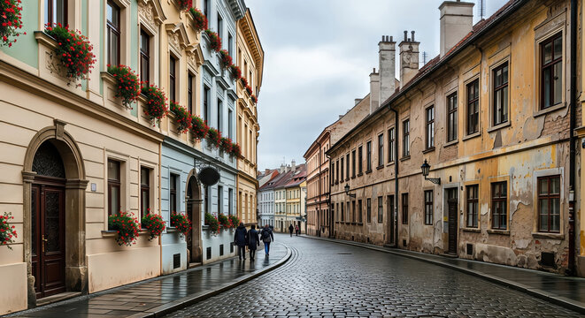 Historic street with old colorful buildings and people walking on wet cobblestone.