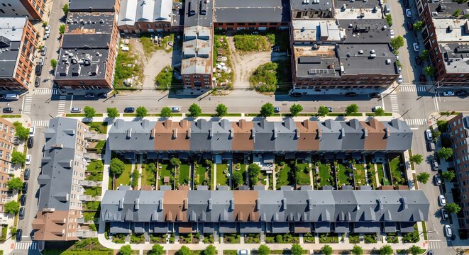 Aerial top view of new townhouses and old industrial buildings.