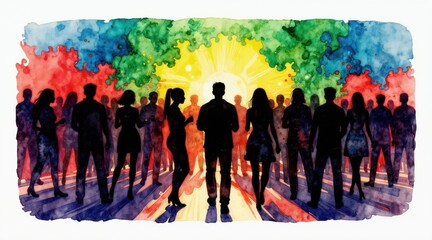 Naklejka premium Silhouettes of diverse people gather at a vibrant abstract party or concert. Colorful watercolor splashes create an energetic, lively atmosphere suggesting celebration and nightlife.