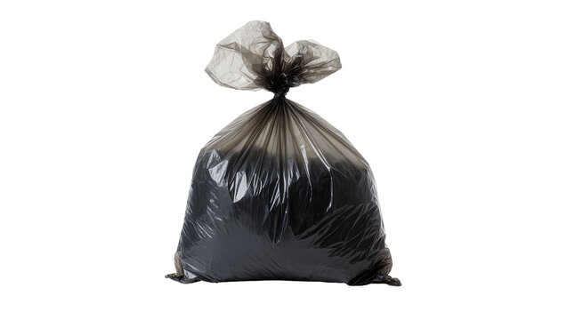 Isolated black plastic garbage bag filled with trash, tied at the top, ready for pickup