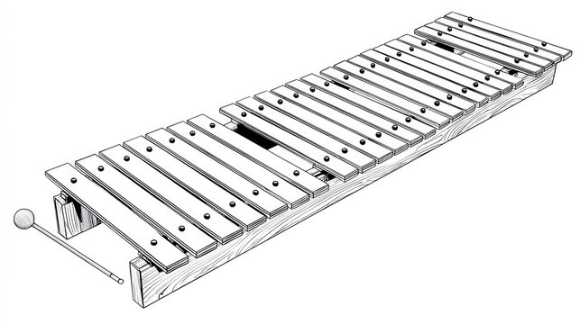 Monochrome xylophone illustration with mallet on white background