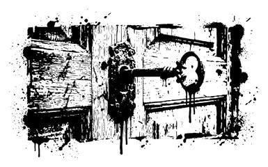 Obraz premium Vintage skeleton key inside lock of old wooden door in distressed ink splatter style