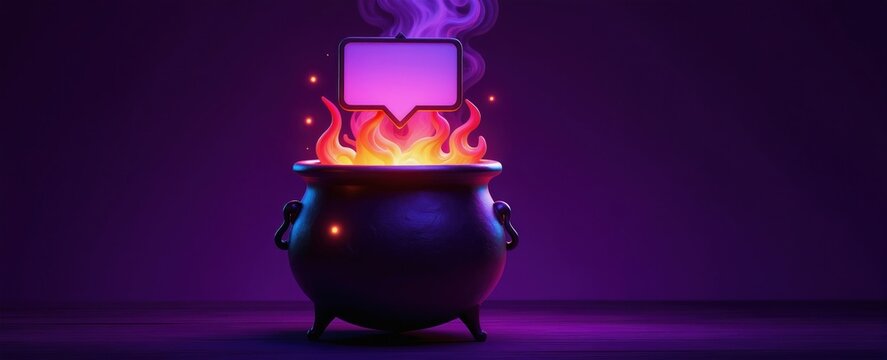 Cauldron boils with magical fire, smoke rises. Empty speech bubble floats above, ready for text. Dark purple backdrop creates mystical atmosphere. Perfect for fantasy or communication themes.