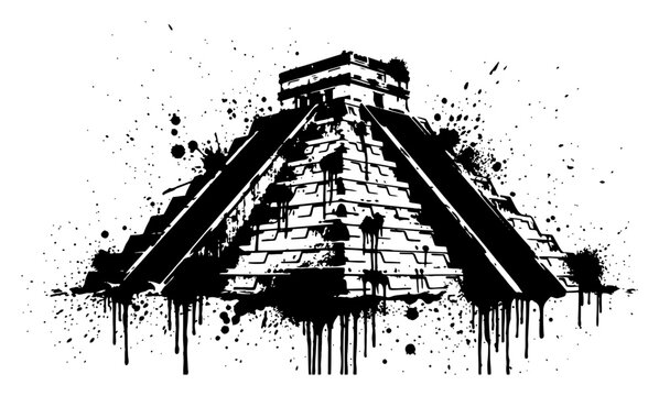Mayan pyramid ancient temple ruins in ink splatter grunge style