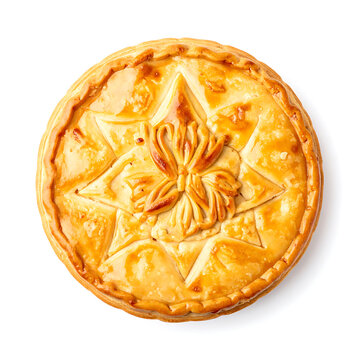 Golden baked pie with decorative star pattern and ornate floral centerpiece on a plain white background, overhead view, rustic baking
