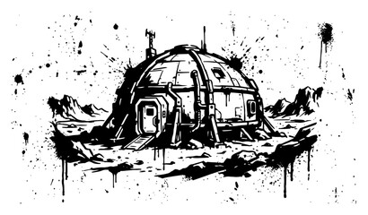 Futuristic space base station on a rocky planet surface in ink splatter style © Wuszu