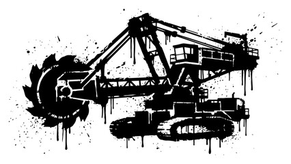 Heavy industrial bucket wheel excavator machine in grungy ink splatter style © Wuszu