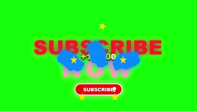 A subscribe button with cartoon clouds and colorful stars on a bright green background