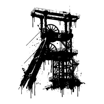 Industrial coal mine headframe tower in ink splatter grunge style