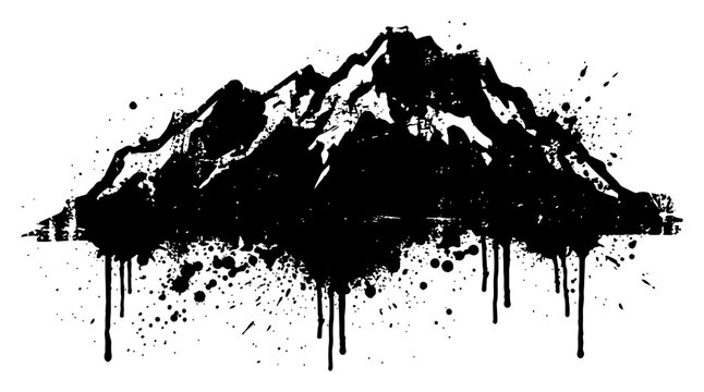 Majestic mountain range peaks with snowy ridges in grungy ink splatter style