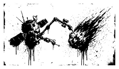 Space satellite exploring an asteroid with robotic arm in grunge ink splatter style © Wuszu