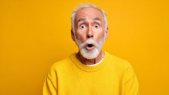 Surprised Elderly Man with White Beard and Yellow Sweater Expressing Amazement Against a Bright Yellow Background