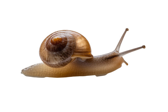 Isolated land snail with a glistening spiral shell and visible soft body texture