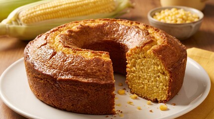 Naklejka premium Freshly baked golden corn cake with a slice removed is served on a white plate alongside corn on the cob and kernels.