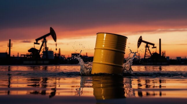 Yellow oil barrel splashes into water at sunset with pumpjacks in background. Industrial setting with pollution risk and environmental concerns evident in scene.