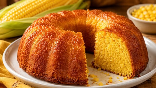 Freshly baked golden cornbread bundt cake is served on a ceramic plate with sweet corn kernels and ears of corn in the background.