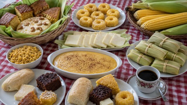 Traditional Brazilian corn dishes including cakes, breads, and pamonha are presented on a classic checkered tablecloth with fresh corn cobs.