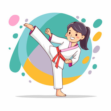 Cartoon Girl Performing a High Kick in Karate Uniform