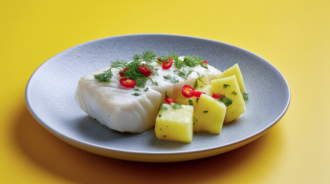 Healthy fish meal. Delicious white cod lunch. Grilled cod with fresh vegetable cubes. Seafood fillet served with seasoned potato chunks and greens