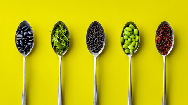 Minimalist setup emphasizes snack plant proteins. Vivid yellow backdrop presents array of seeds highlighting diverse textures and nutritional benefits
