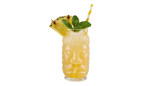 Isolated tropical yellow cocktail in tiki glass with fresh pineapple and mint garnish