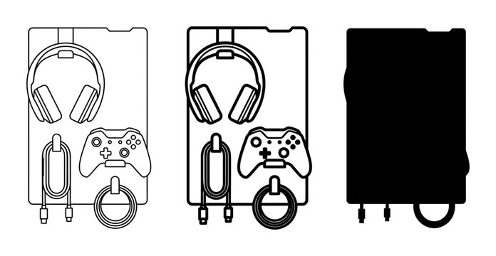 Gaming Accessories Set: Headphones, Controller, Cables, and Mount. Vector Icons and Silhouette.